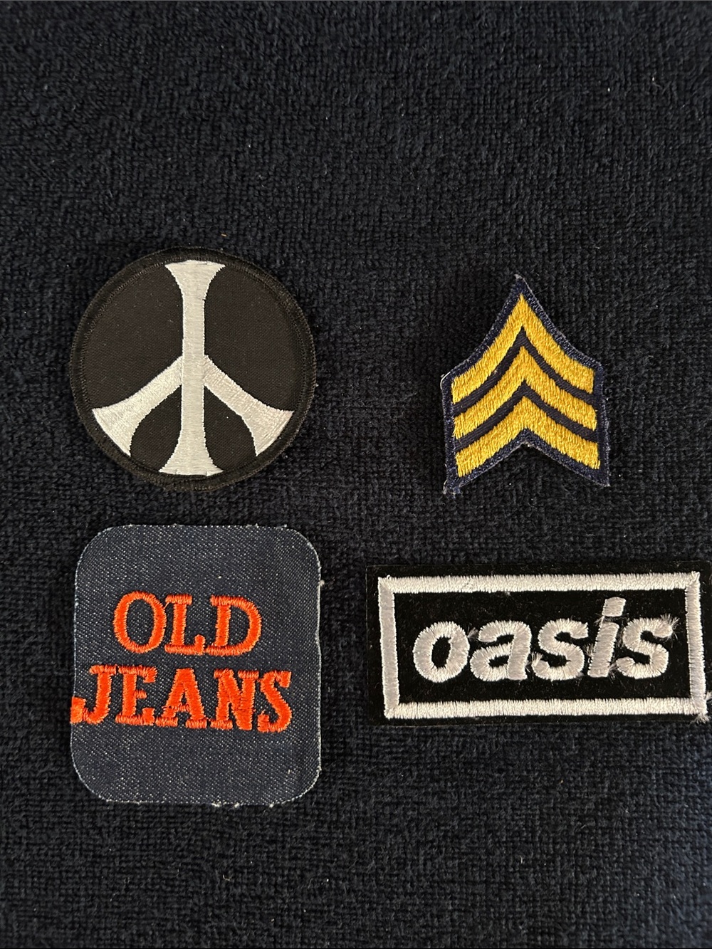 Set of 4 Patches - Peace Sign, Chevron, OLD JEANS, Oasis